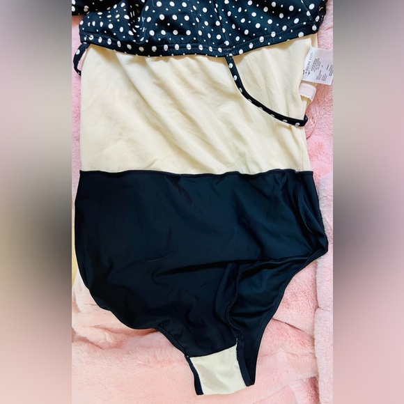 Black Polka Dot 1-Piece Skirted Swim Dresswith Red Front Tie by A Shore Fit - Picture 9 of 13